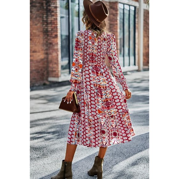 Patchwork Smocked Puff Sleeve Tiered Midi Dress - Picture 11 of 15